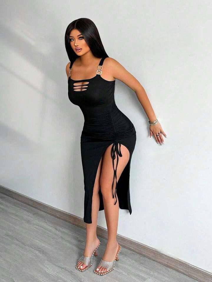 Long black first dinner date sexy wear