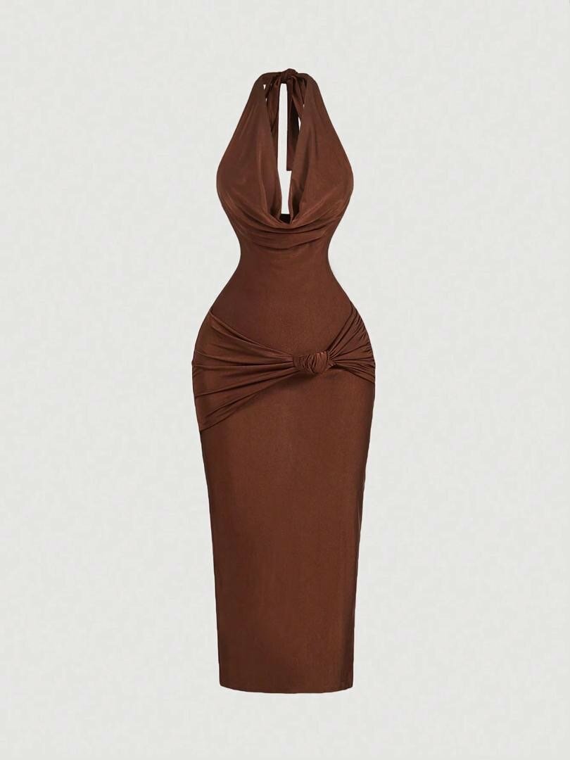 Draped neck form fitting dress