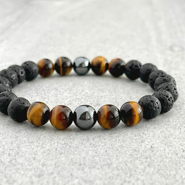 Bracelet œil de Tigre + pierre de lave + Hématite