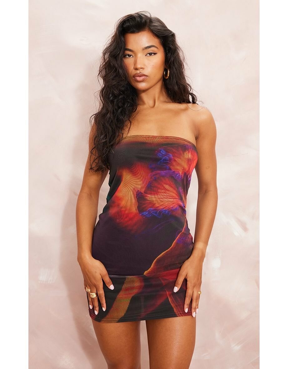 Multi abstract print mesh dress