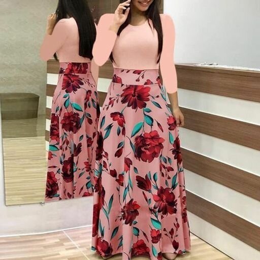 Flower Pattern Ladies Casual Half Sleeve, Long Dress