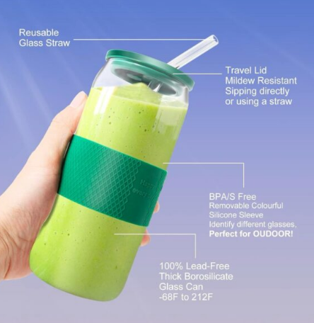 Silicone Lid and Sleeve Borosilicate Glass Beer Can Tumbler with Straw 