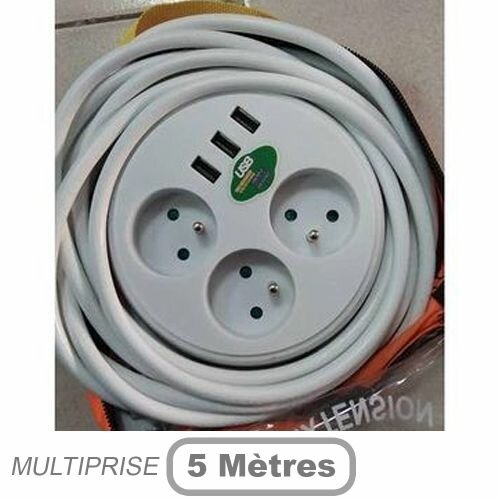 Rallonge Multiprise Filaire 5m, 3 Prises, 3 Ports De Charge USB - Certifiée NF – Blanc