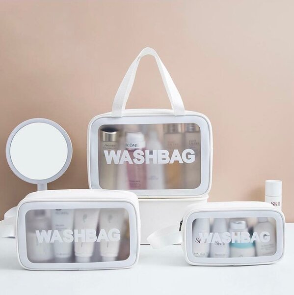 Lot de 3 sacs étanches de rangements composés de trousse de toilette de cosmétique, blanc