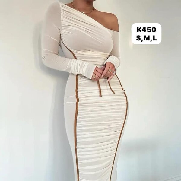 Women's Medium-length Dress with Long Sleeves and diagonal Collar, white