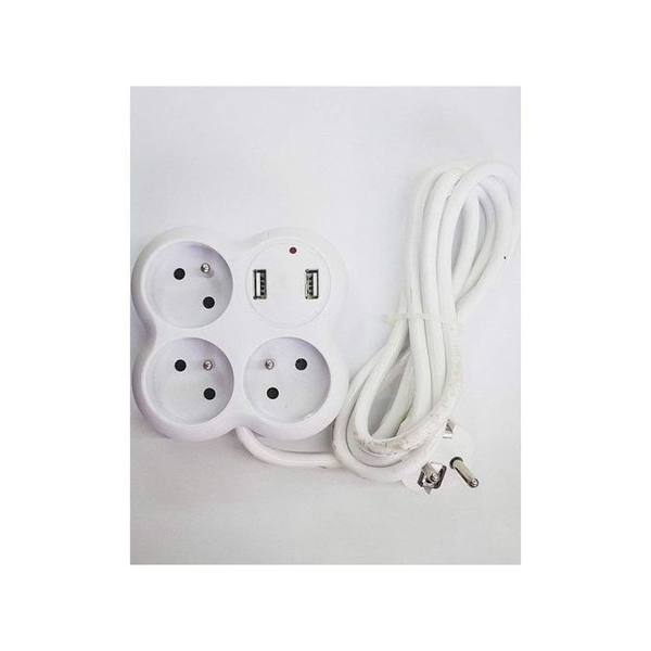 Rallonge Multiprise 3 Trous Et 2 PORT USB - Blanc