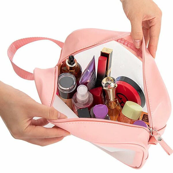 Lot de 3 sacs étanches de rangements composés de trousse de toilette de cosmétique, rose