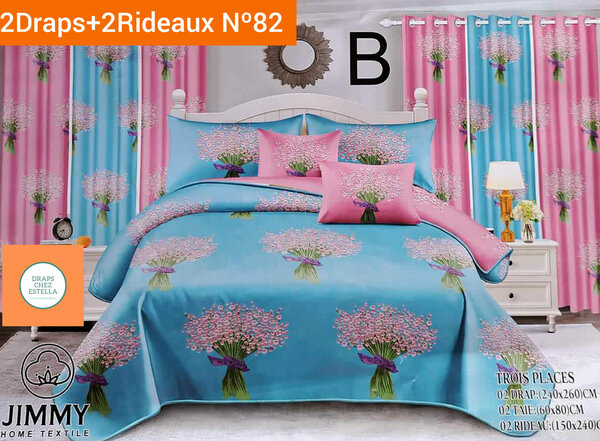 ▪️2 Draps 2 places + 2 taies + 2 Rideaux bleu rose