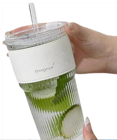 Gorgous Stripped Glass Tumbler with Splash-Proof Lid and Reusable Straw