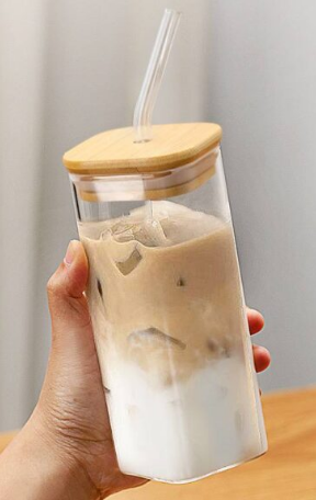 Eco-Friendly Borosilicate Square Glass Tumbler with Bamboo Lid and Glass Straw