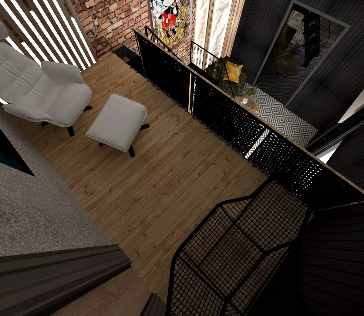 скетчап визуализация интерьера, лестница в стиле лофт и индастриал, лофт студио, лофт студио столярный переулок 3, жк рассвет loft-studio