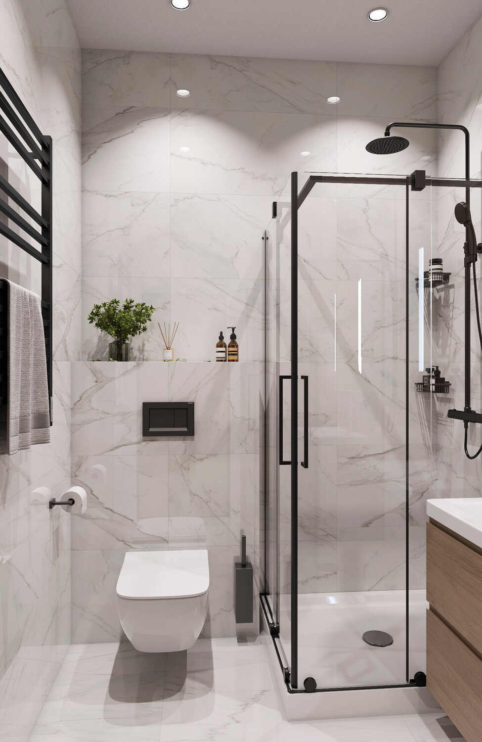 санузел в современном стиле, ванная комната в современном стиле, дизайн интерьера ванной комнаты, интерьер санузел, дизайн ванной в современном стиле