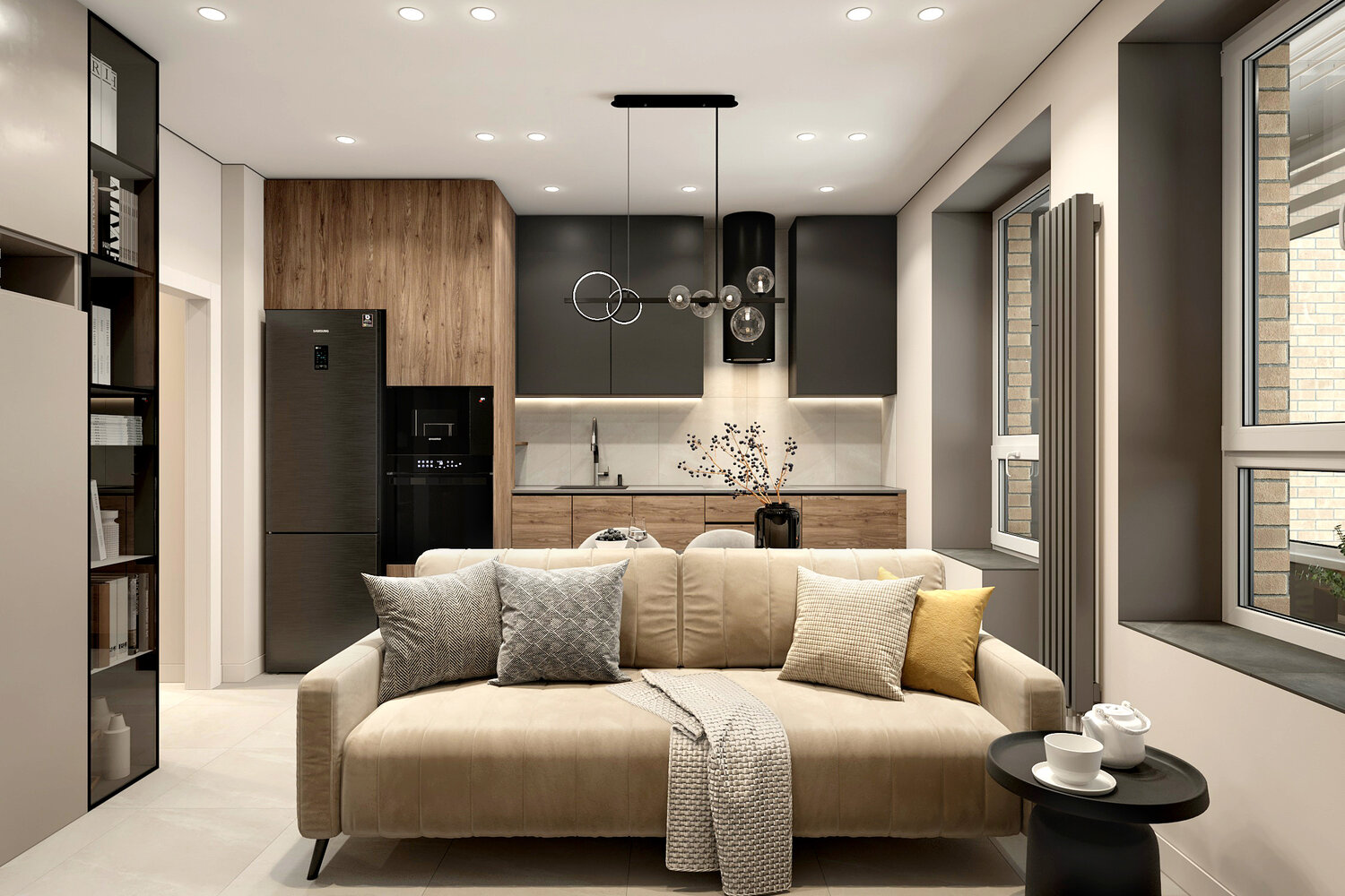 студия кухня гостиная, кухня гостиная в стиле контемпорари в квартире студии, дизайн квартиры студии, интерьер гостиной с кухней, гостиная с кухней дизайн