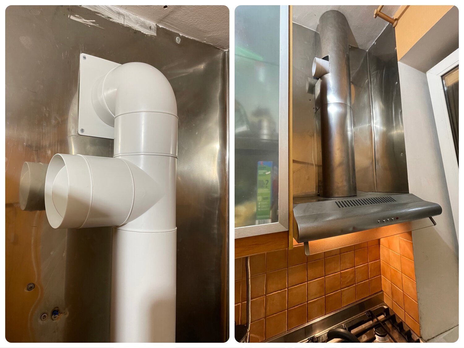 Установка воздуховода с обратным клапаном и  вытяжки для газовой плиты.