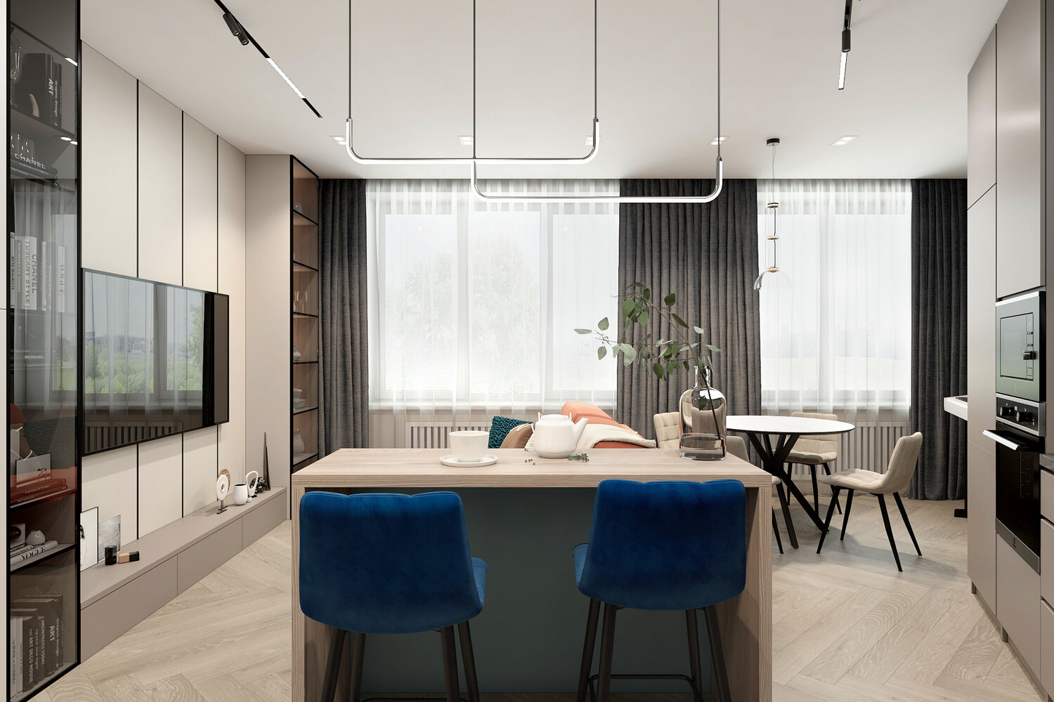 прямоугольная кухня гостиная, дизайн квартиры студии, дизайн интерьера квартиры студии, кухня гостиная дизайн, интерьеры квартир студий