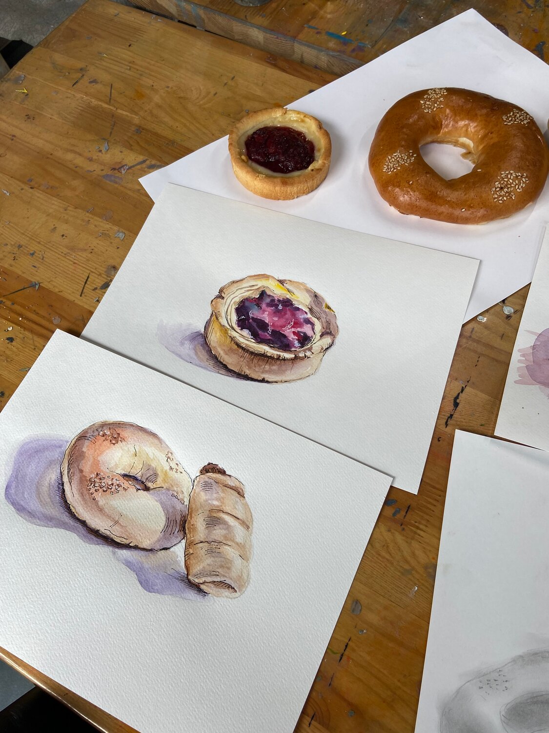 рисунки пончик, пончик акварелью, пончик рисунок акварелью, булочки акварелью, скетчинг пончик