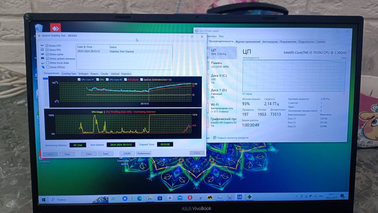 cpu stress test, экран, частота процессора, температура процессора, процессор для ноутбука