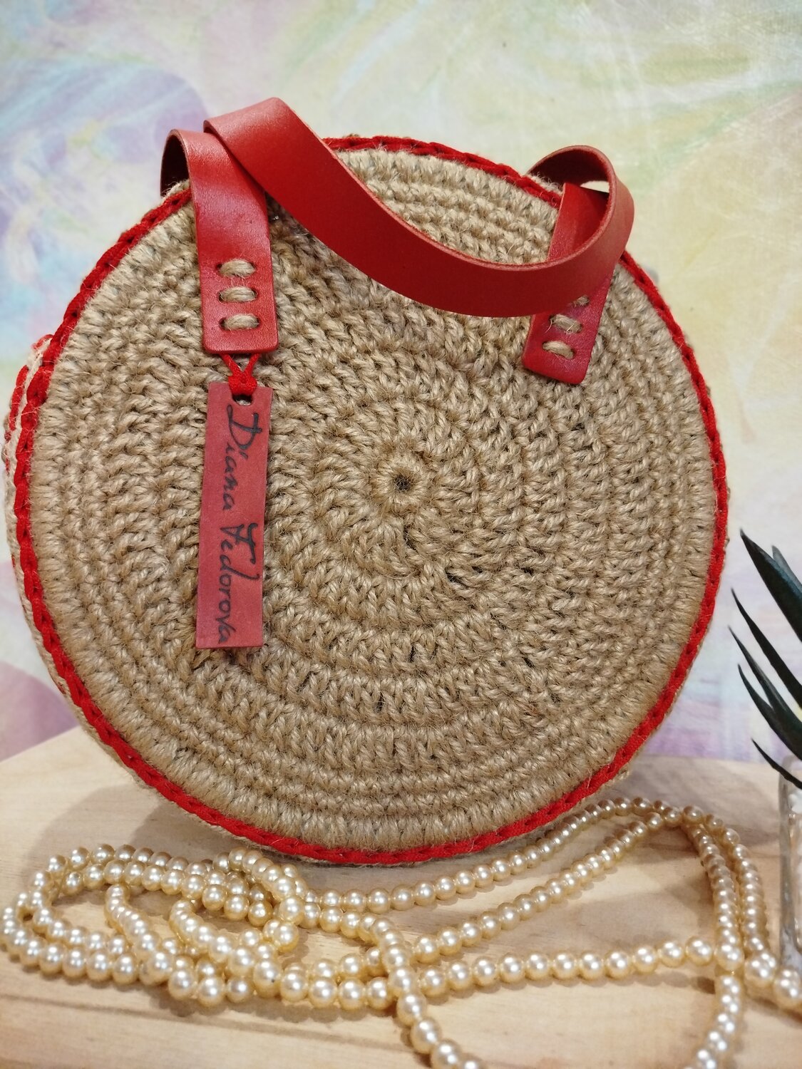 круглая сумка из джута, круглая вязаная сумка, круглая сумка, джутовая сумка, круглая сумка крючком