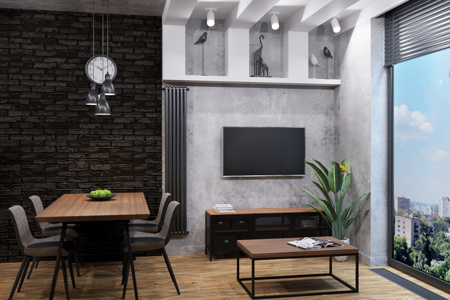 гостиная лофт, гостиная лофт с телевизором, дизайн интерьера, интерьер однокомнатной студии, интерьер