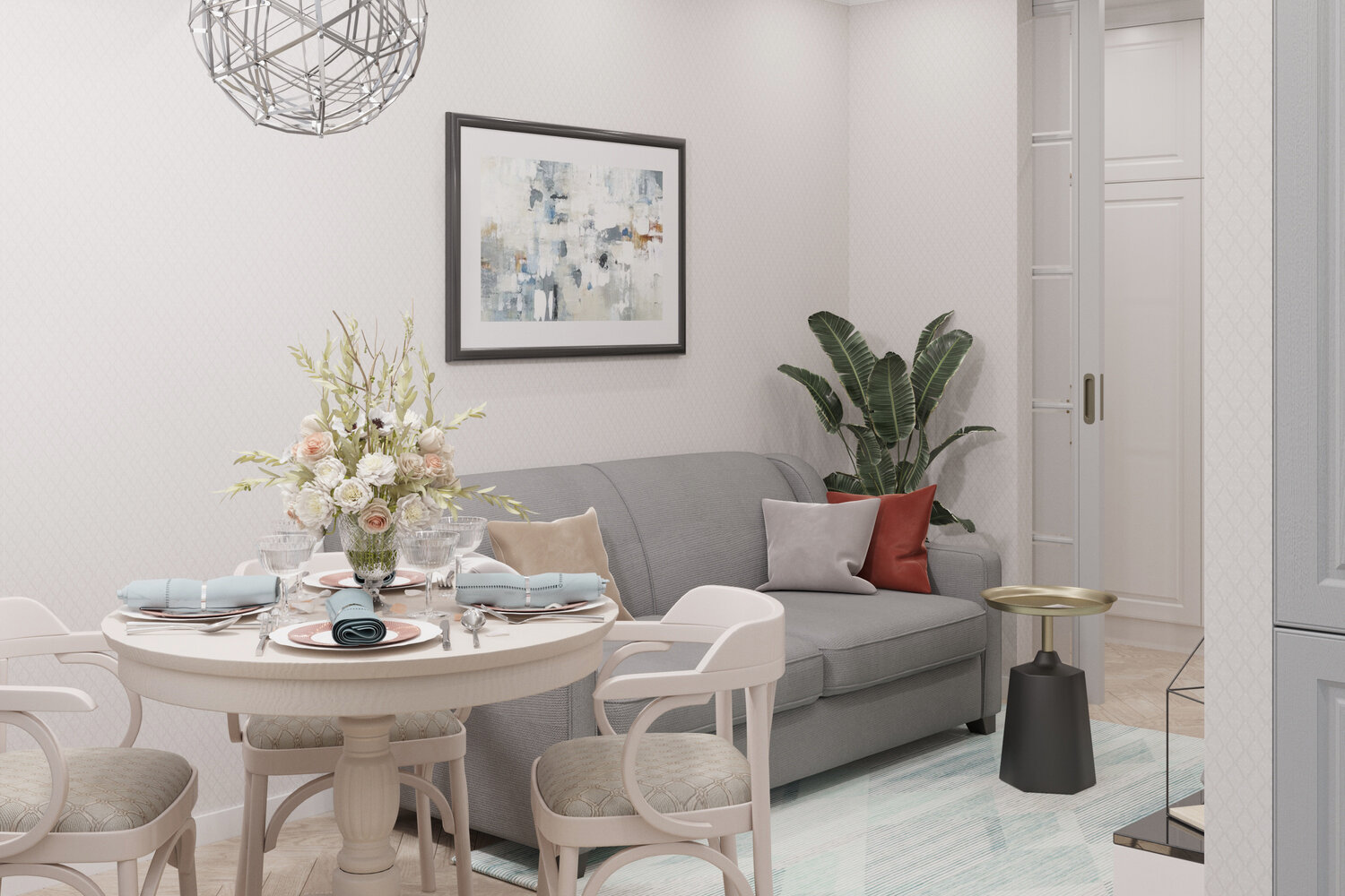 журнальный столик в скандинавском стиле в интерьере, интерьер, дизайн интерьера, скандинавский дизайн, интерьер в пудровых тонах