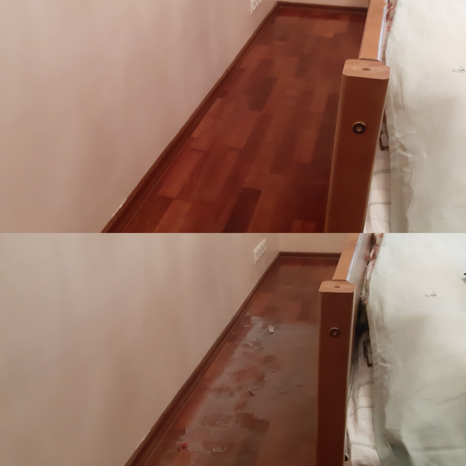 укладка ламината в коридоре, укладка ламината вокруг лестницы, укладка ламината в дверном проеме, ламинат плинтус щели, укладка плинтуса при перепадах пола