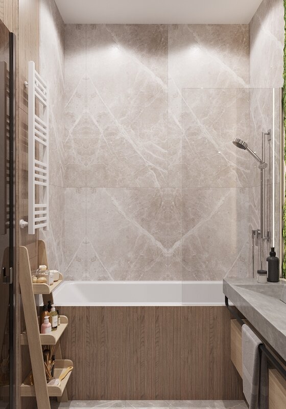 дизайн интерьера, ванная комната, интерьер, ванная в приглушенных тонах, ванная с бетонной плиткой
