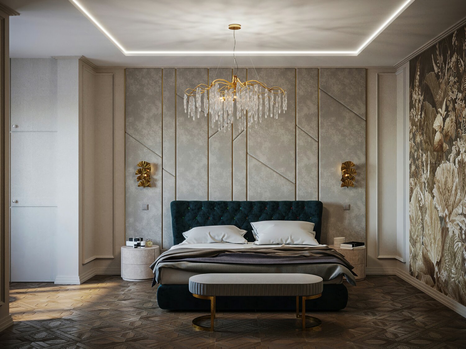 интерьер спальни в современном стиле, интерьер спальни, дизайн интерьера, спальни luxury неоклассика, дизайн спальни