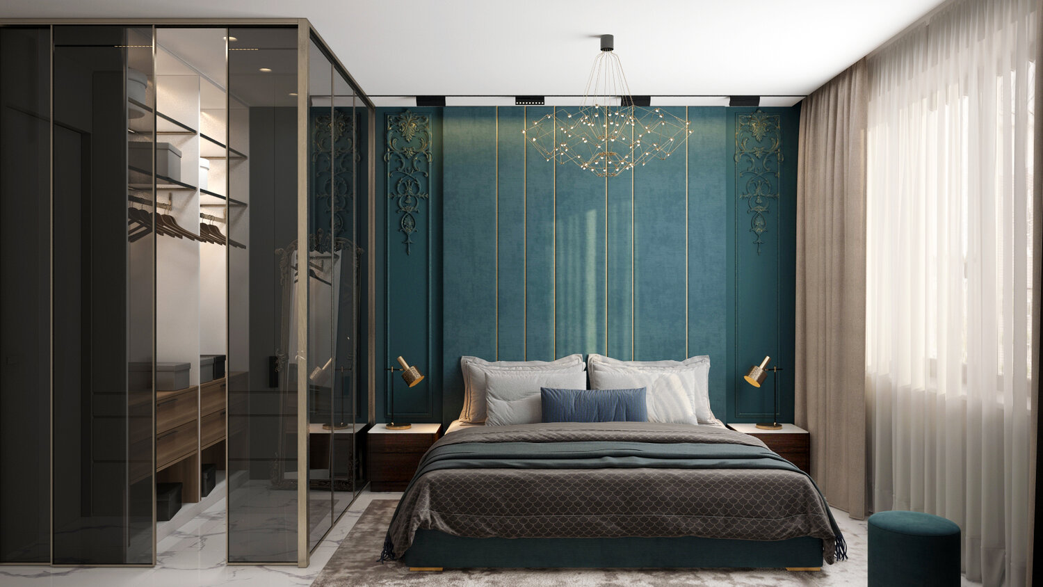 мужская спальня ар деко, дизайн спальни, дизайн интерьера, спальни, спальни интерьер 2019 c гардеробом