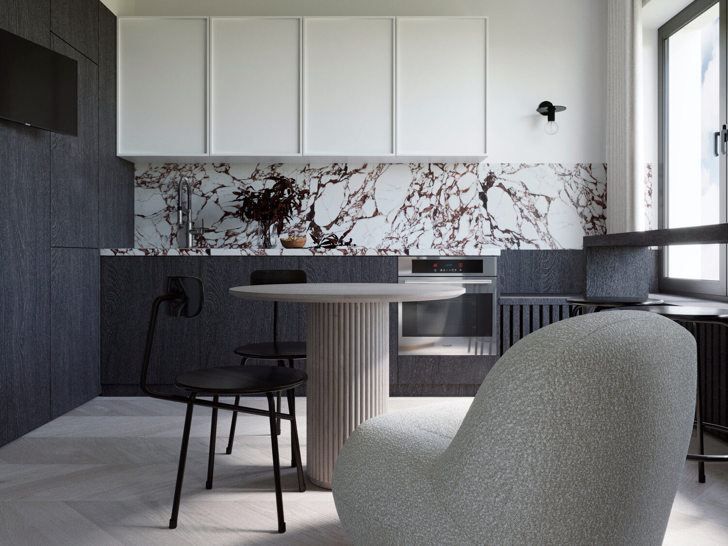 дизайн интерьера, дизайн кухни, интерьер, кухня, серые стены в интерьере кухни