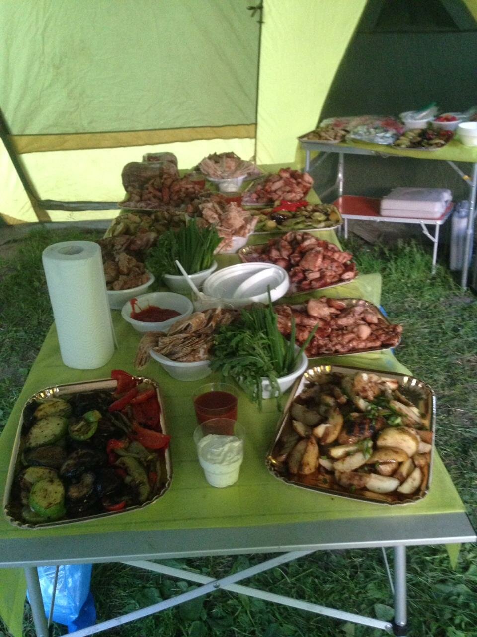 праздничный стол с шашлыком, накрытый стол с шашлыком, дачный ужин, накрытый стол на природе, шашлык на природе в деревне