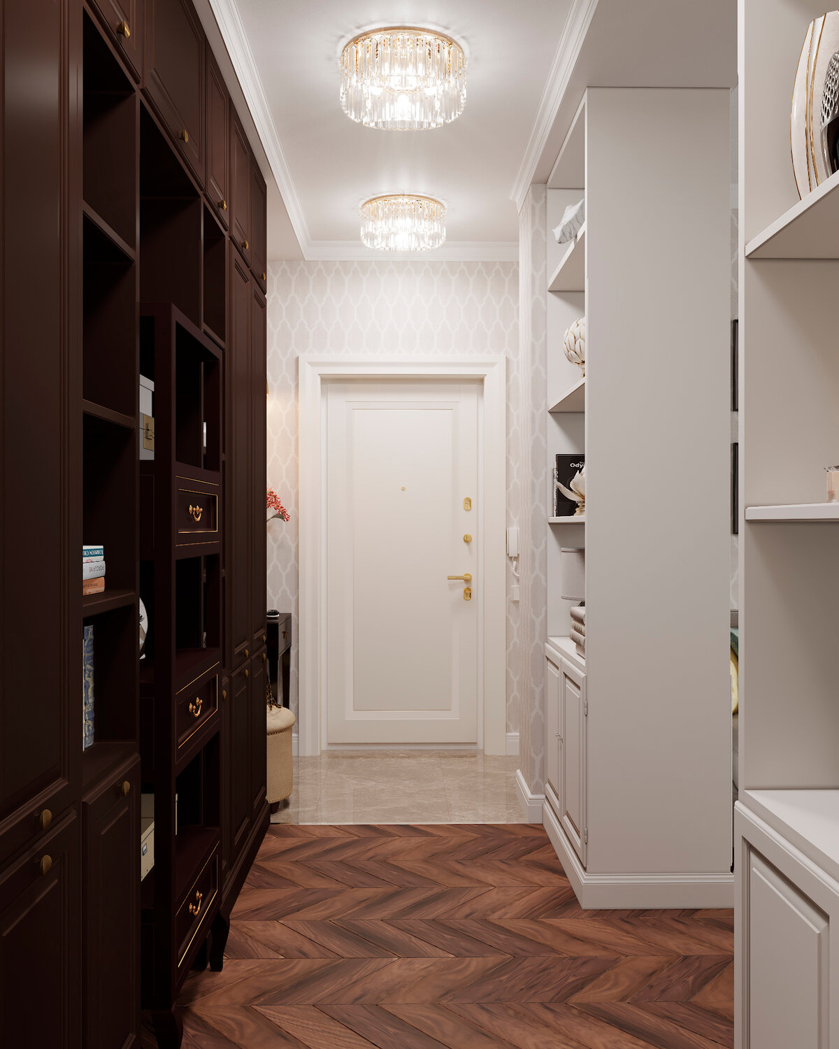 интерьер узкой прихожей, прихожая в стиле неоклассика, коридор дизайн прихожая, интерьер коридора, прихожая с белыми дверями