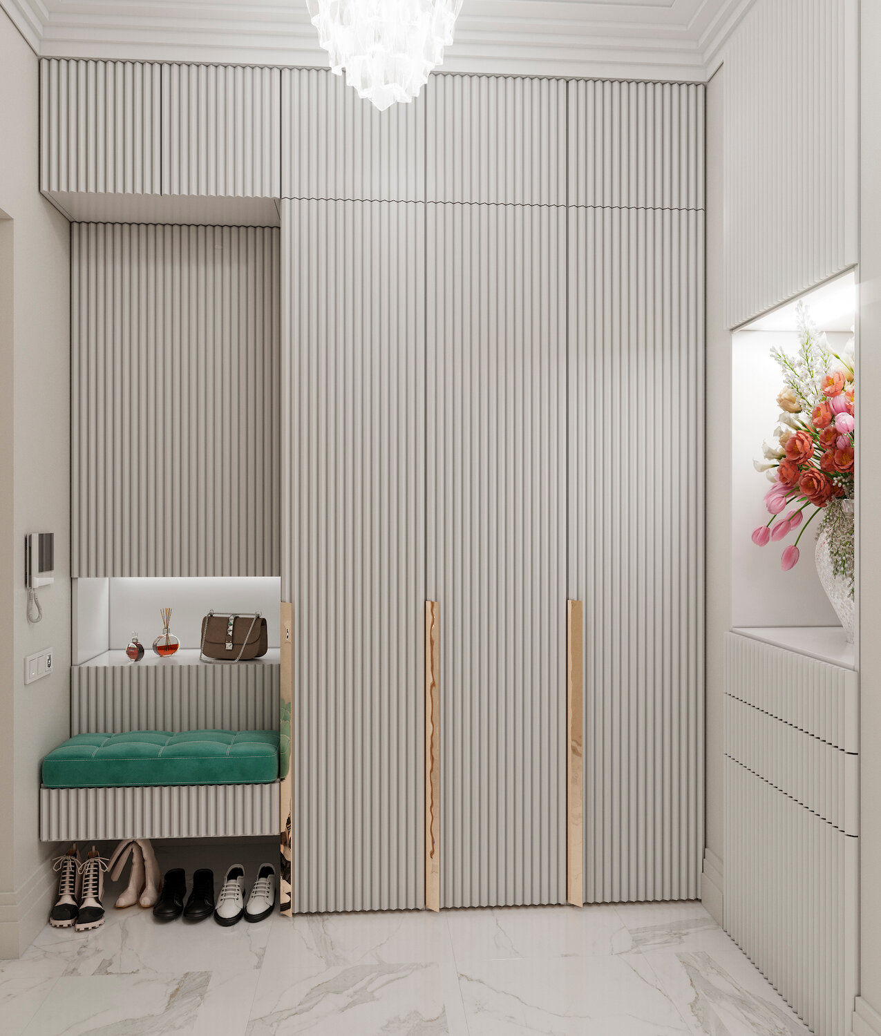 дизайн интерьера, интерьер, прихожая в современном стиле с рейками, интерьер прихожей, интерьер студии