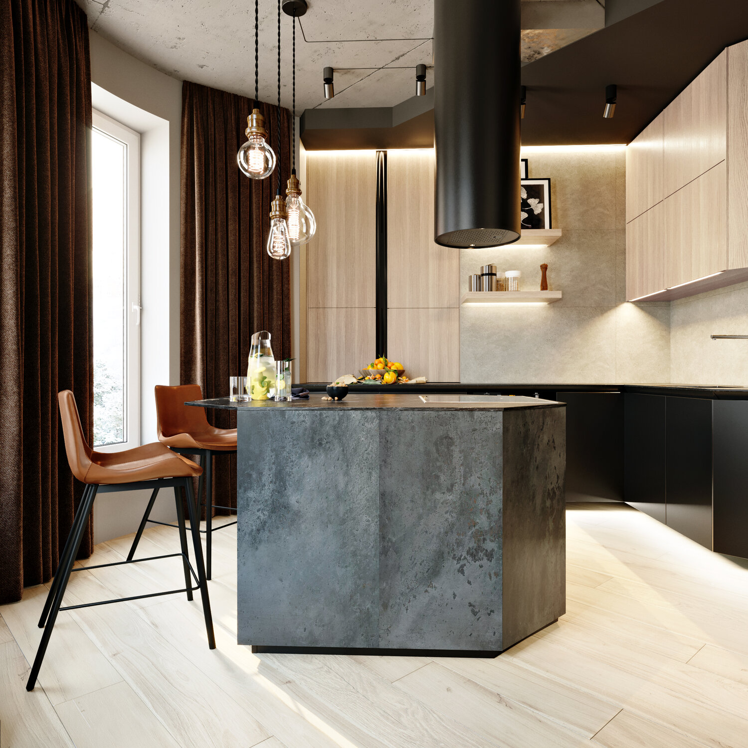 брутальный интерьер кухни, дизайн кухни, кухня лофт, кухня в стиле лофт с барной стойкой, стильная кухня столовая