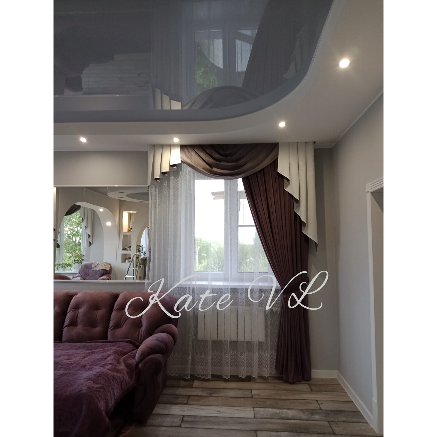 ламбрекен, шторы с ламбрекеном в гостиную, тёмные шторы в потолок, шторы в холл на два окна, шторы на окно с кондиционером