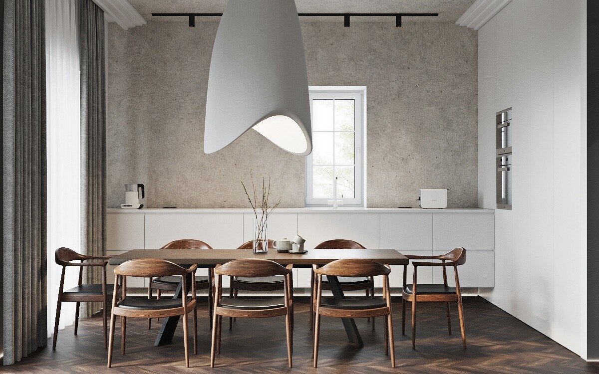 дизайн интерьера, интерьер, карл хансен стулья, стиль интерьера софт минимал, подвесной светильник