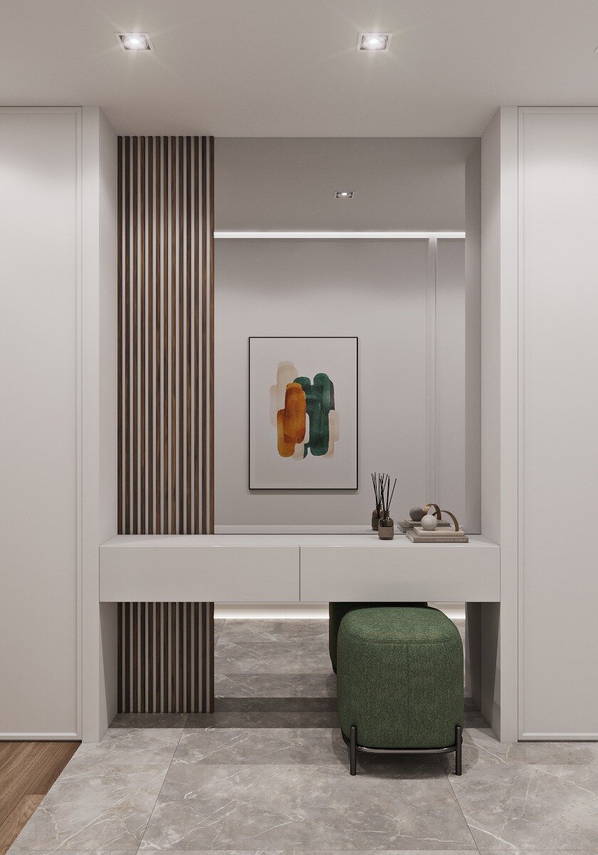 дизайн интерьера, прихожая в современном стиле, интерьер, прихожая минимализм с рейками, дизайн