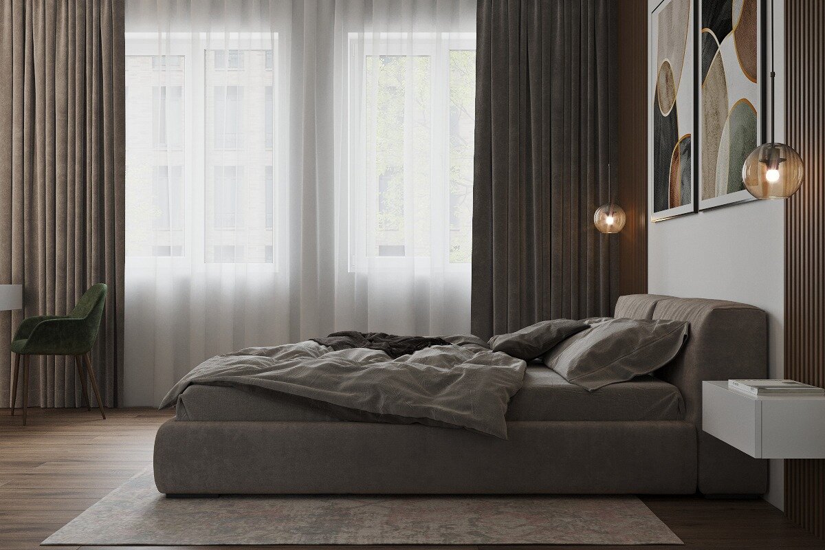 дизайн интерьера, интерьер, дизайн спальни, серые шторы в спальне, дизайн квартир