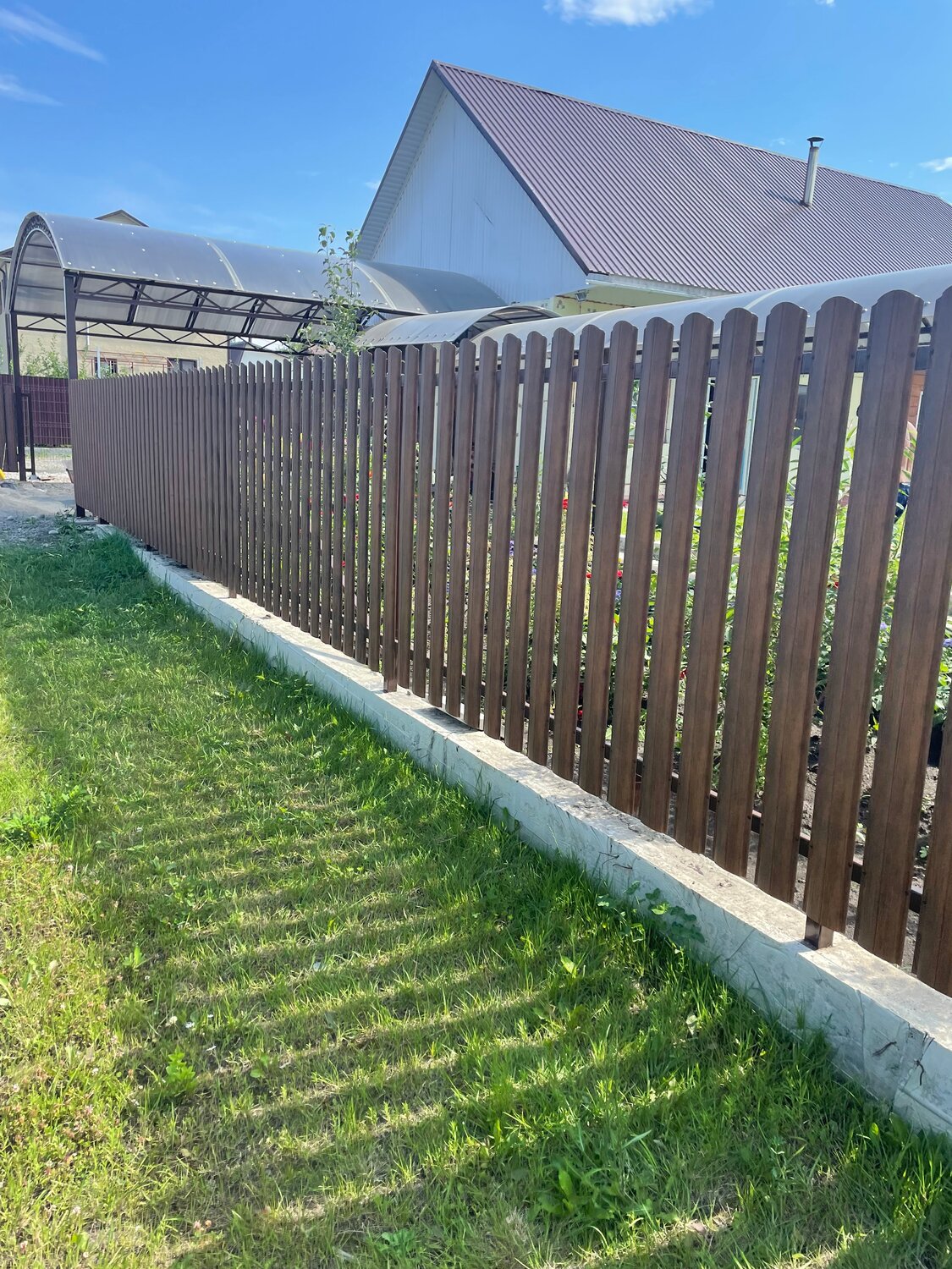 заборы из металлического штакетника, забор штакетник, красивый забор из евроштакетника, забор из евроштакетника под дерево, забор