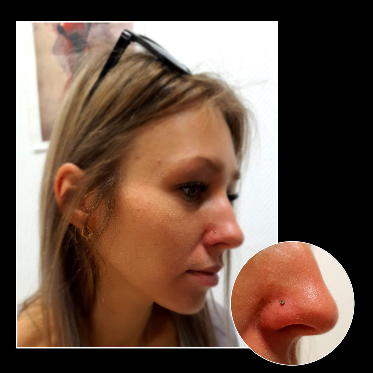 пирсинг носа сбоку гвоздик, пирсинг носа, прокол крыло носа, пирсинг крыла носа, пирсинг носа пистолетом