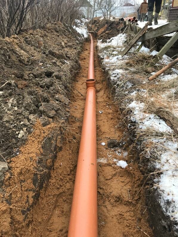 укладка трубы 110 в траншею водопровод, прокладка наружной канализации, канализация, прокладка канализации, труба до септика
