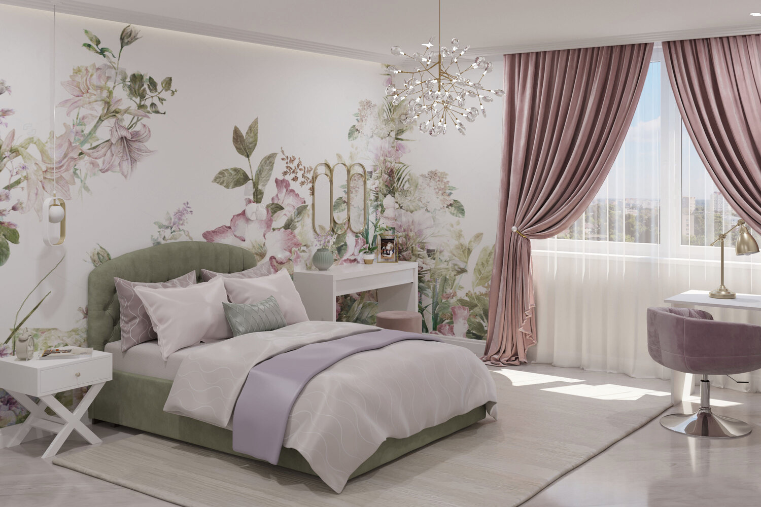 спальня в лавандовых тонах в классическом стиле, спальня в лавандовых оттенках, спальня в нежно сиреневых тонах, спальня в классическом стиле в сиреневых тонах, дизайн спальни