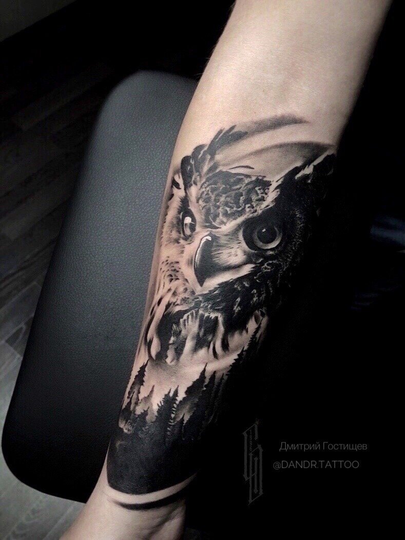 тату сова на предплечье реализм, tattoo, тату сова и лес на предплечье, татуировка, продолжение татуировки с совой на предплечье