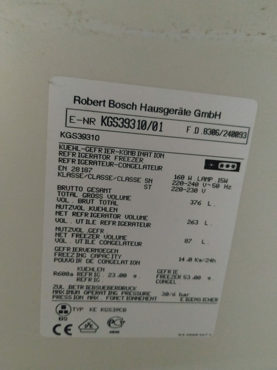 bosch kgs39360/01, холодильник бош kgs 39310, этикетка, холодильник bosch kgs39310, стиральная машинка robert bosch hausgerate gmbh