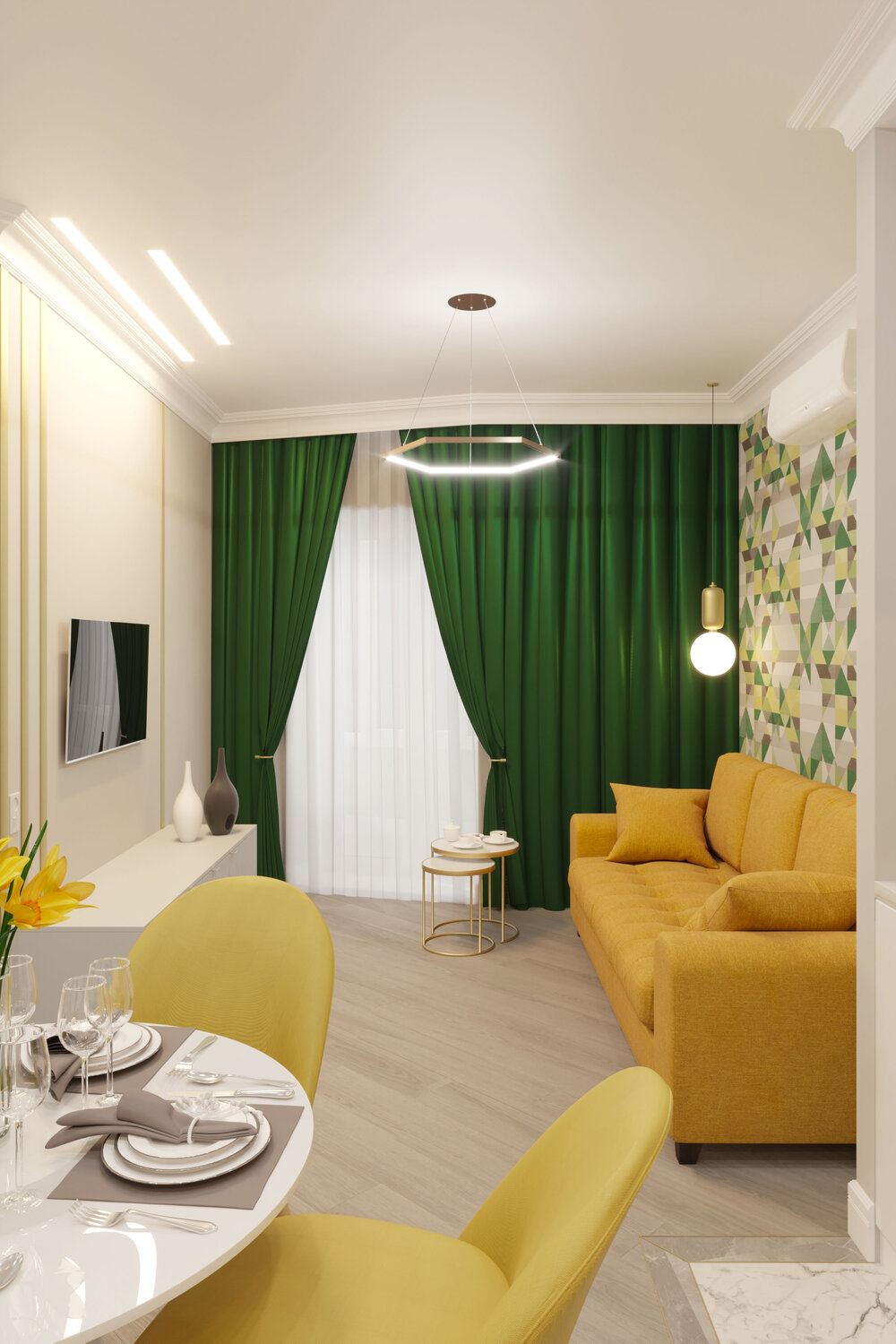 гостиная в зеленых тонах, гостиная с зелеными акцентами, дизайн интерьера, интерьер, интерьер гостиной со столовой зоной