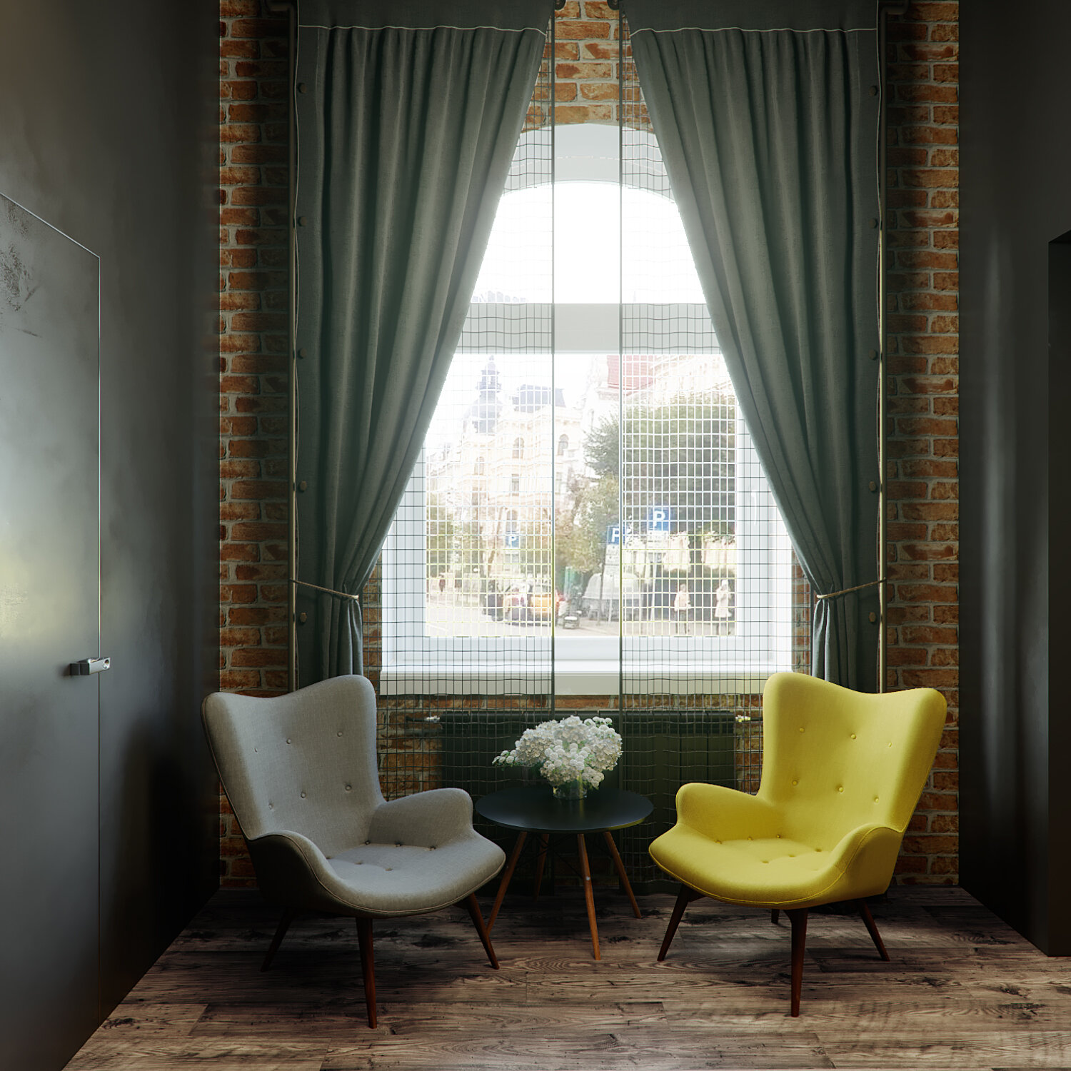 интерьер, дизайн интерьера, приглушенный интерьер, интерьер коричневого дивана и бирюзового кресла, room