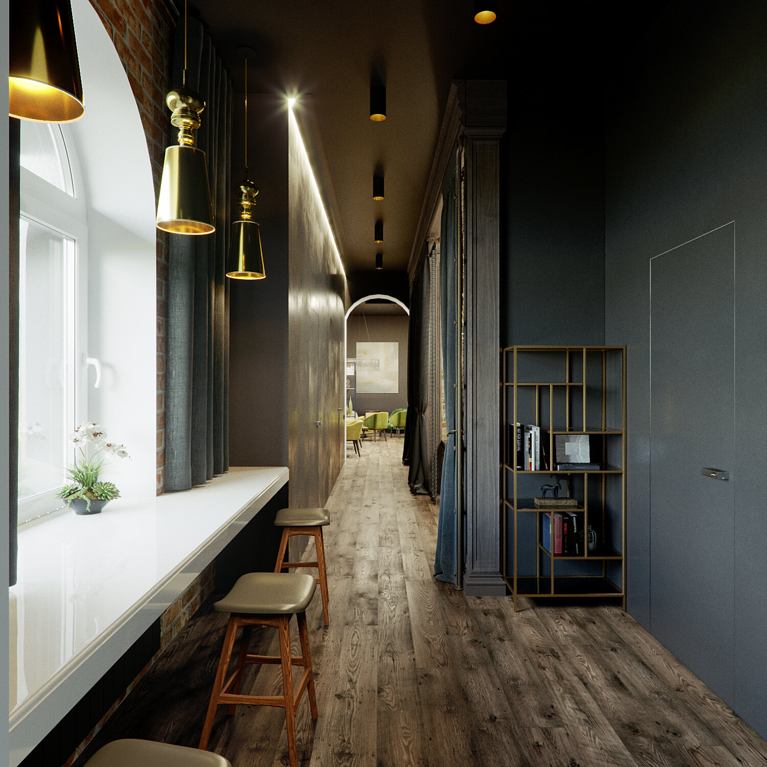 дизайн интерьера, интерьер, прихожая в темных тонах, коридор, таунхаус нью-йорк интерьер