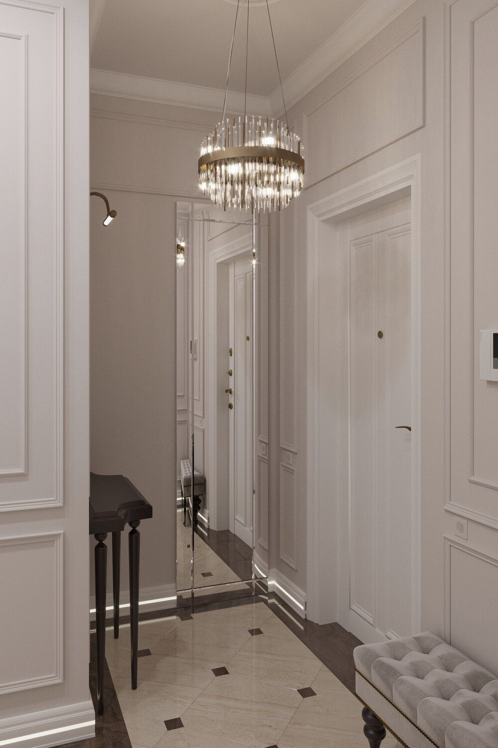прихожая в американском стиле, неоклассика в интерьере прихожей, прихожая в стиле неоклассики, прихожие в коридор неоклассика, прихожая неоклассика с молдингами