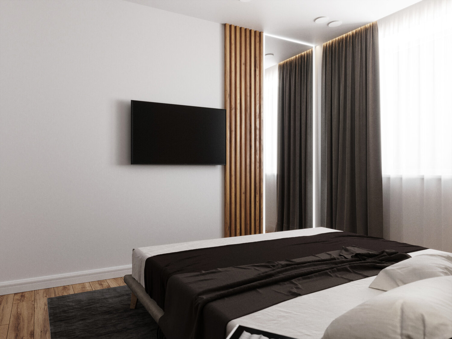 шторы в стиле минимализм в спальне, дизайн спальни, строгий интерьер спальни, отель, дизайн интерьера