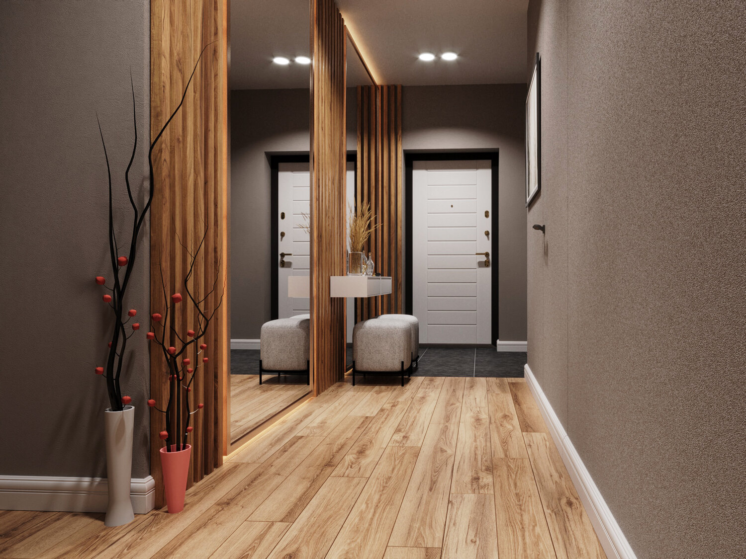 коридор, прихожая комната, интерьер прихожей в студии, интерьер с серыми дверями коридор 2021, ламинат в прихожей