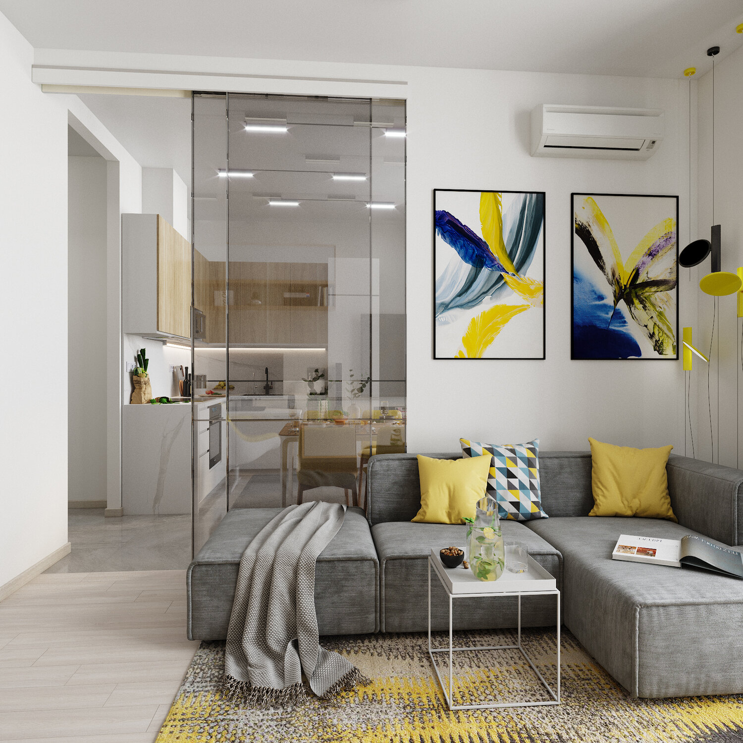 дизайн интерьера, дизайн квартир, интерьер модной квартиры студии, скандинавский стиль в интерьере, серая кухня гостиная с желтыми акцентами